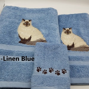 Himalayan Cat Embroidered Towels - Choose Color of Towel and Size of Set - Bath Sheet, Bath Towel, Hand Towel & Washcloth
