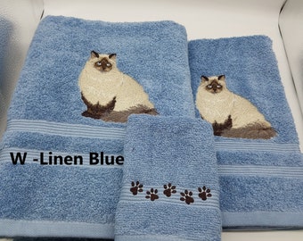 Himalayan Cat Embroidered Towels - Choose Color of Towel and Size of Set - Bath Sheet, Bath Towel, Hand Towel & Washcloth
