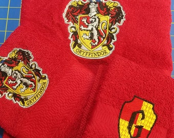 Harry Potter - Gryffindor on Red  - 3 Piece Embroidered Towel Set - Bath Towel, Hand Towel and Washcloth - Ready To Ship