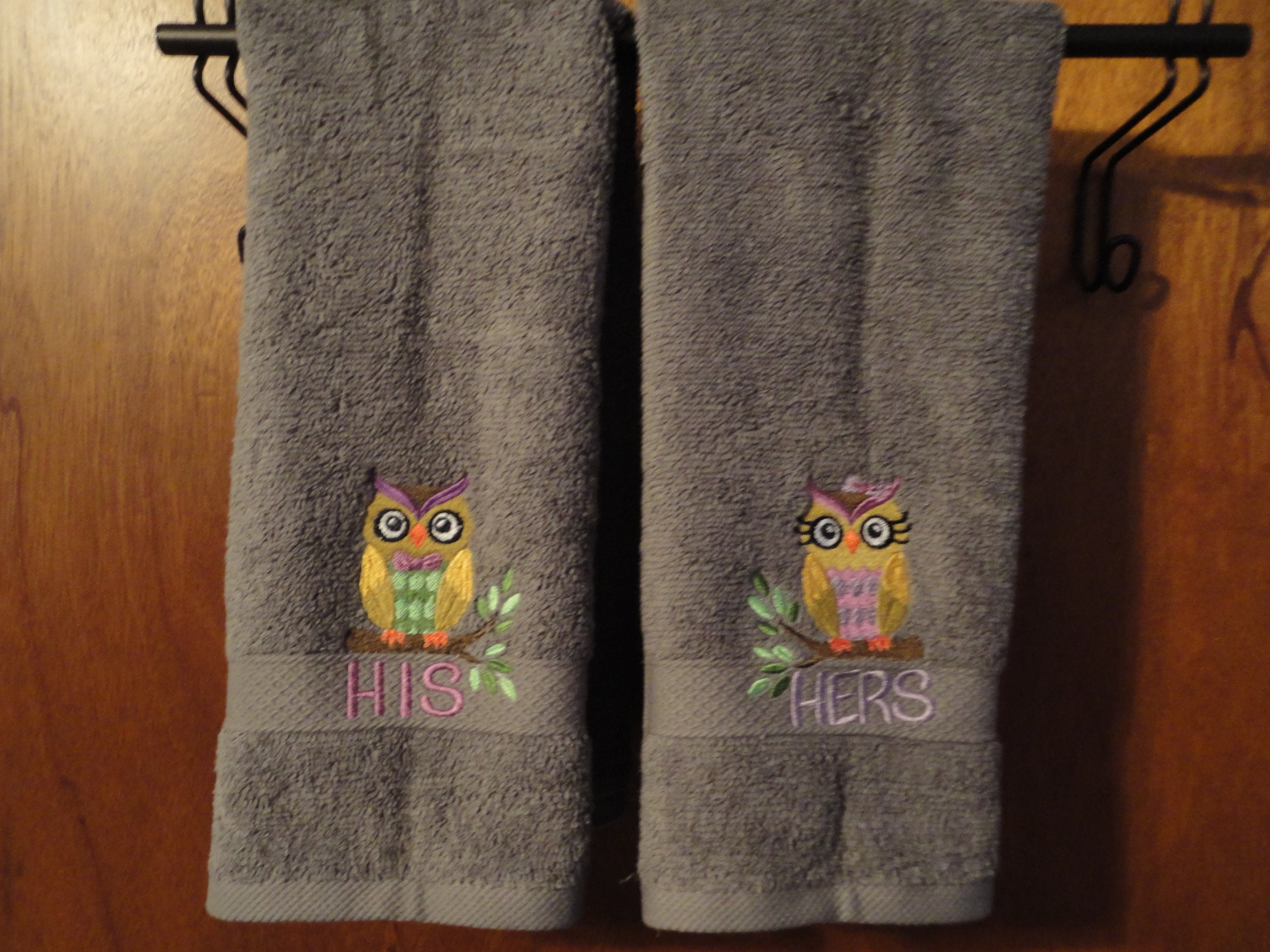 Owls Embroidered His/Her Hand Towels Shown on Gray Free Etsy