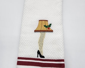 Leg Lamp on White with Red Stripe Embroidered Cotton Kitchen Towel - Free Shipping - Ready To Ship