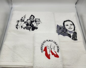 Wizard of Oz on White - 3 Piece Embroidered Towel Set - Bath Towel, Hand Towel and Washcloth - Ready To Ship