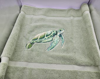 Sea Turtle on Sage Green Embroidered Bath Mat - Embroidered Directly on Bath Mat