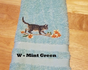 Gray Cat Walking on Limb - Embroidered Hand Towel - Choose Color of Towel - Get One or More - Bathroom Decoration