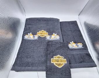 Orange Harley on Black - 3 Piece Embroidered Towel Set - Bath Sheet, Hand Towel and Washcloth - Ready To Ship