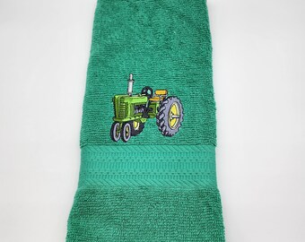 In Stock - Ready To Ship - Green Tractor on Green - Embroidered Hand Towel - Free Shipping