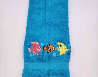 Ready To Ship - Colorful Fish Trio on Turquoise Embroidered Hand Towel - Free Shipping