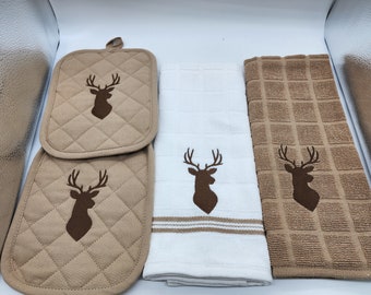 Deer - Buck on Tan Embroidered Kitchen Set - 2 Towels and 2 Potholders - Free Shipping - Ready To Ship