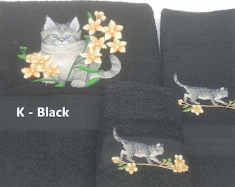 Gray Cat Embroidered Towels - Pick the Size of Set and Towel Color - Bath Sheet, Bath Towel, Hand Towel & Washcloth - Free Shipping