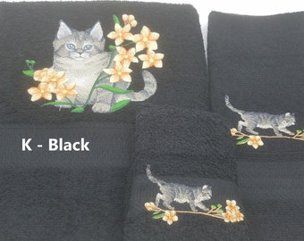 Gray Cat Embroidered Towels - Pick the Size of Set and Towel Color - Bath Sheet, Bath Towel, Hand Towel & Washcloth - Free Shipping