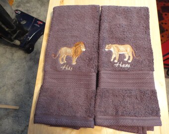 Lion and Lioness - Pair or Individual - Pick Your Color of Towel - Embroidered Hand Towels - Free Shipping