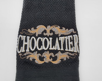 Chocolatier on Black Embroidered Kitchen Towel - Ready to Ship - In Stock