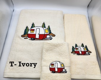 Vintage Camper Embroidered Towel - Pick Color of Towel and Size of Set - Bath Sheet, Bath Towel, Hand Towel & Washcloth