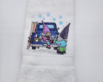 Gnome Winter Truck - Embroidered Hand Towels - Order One or More -  Bathroom Decoration - Free Shipping