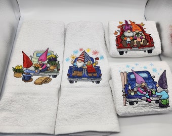 Gnome Seasons Set of 4 Embroidered Season Hand Towels - Order Set or Individually - Pick Your Color of Towel