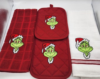 Grinch Face - 4 Piece Embroidered Kitchen Towel Set - Order as sets or individually - Free Shipping
