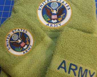 Ready To Ship - Army on Moss Green  - 3 Piece Embroidered Towel Set - Bath Towel, Hand Towel and Washcloth