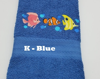 Colorful Fish Trio  - Embroidered Hand Towels - Pick Color of Towel - Order One or More - Free Shipping