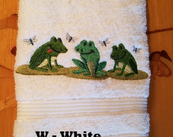 Frog Trio - Embroidered Hand Towel - Face Towel - Order One or More - Choice of Towel Color - Fun Bathroom Towel - Free Shipping