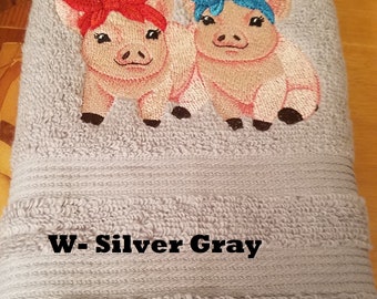 Two Adorable Pigs - Embroidered Hand Towel - Choose Towel Color - Order One or More - Free Shipping