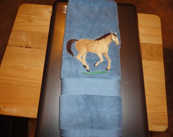 In Stock - Ready To Ship - Horse on Light Blue Embroidered Hand Towel - Face Towel -  Free Shipping