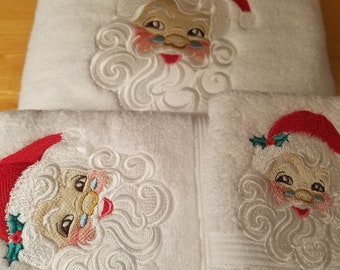 Visage du Père Noël - Serviettes brodées - Ensemble de commande ou individuellement - Choisissez votre couleur de serviette - Drap de bain, serviette de bain, serviette à main et gant de toilette