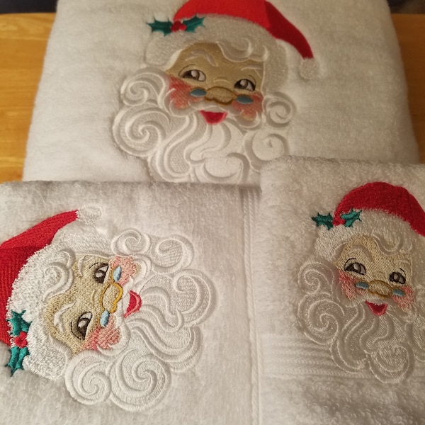 Visage du Père Noël - Serviettes brodées - Ensemble de commande ou individuellement - Choisissez votre couleur de serviette - Drap de bain, serviette de bain, serviette à main et gant de toilette