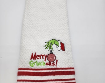 Ready to Ship - In Stock - Merry Grinchmas on Red Striped - Embroidered Cotton Kitchen Towel - Free Shipping