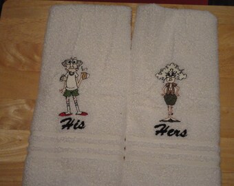 Old Couple  - Pair or Individual - Pick Towel Color - Embroidered Hand Towels - Face Towel - Free Shipping