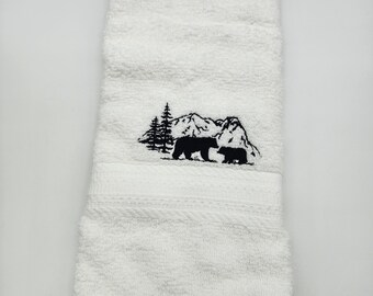 Black Bear Scene on White - Smaller Version Embroidered Hand Towel - Face Towel- In Stock - Ready To Ship