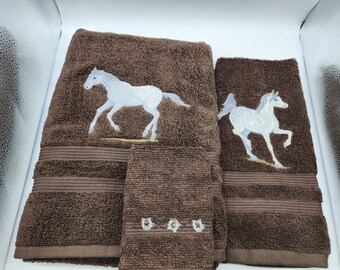 White Horses - Embroidered Towels - Order Individual or Set - Pick Towel Color - Bath Sheet, Bath Towel, Hand Towel and Washcloth