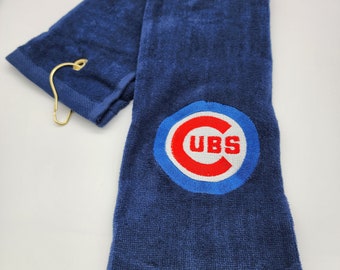 In Stock - Ready To Ship - Chicago Cubs on Blue  - Embroidered Golf Towel - Tri-Fold, Grommet, Hook - Free Shipping