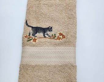 Gray Cat on Limb on Sandstone - Embroidered Hand Towel - In Stock - Ready To Ship