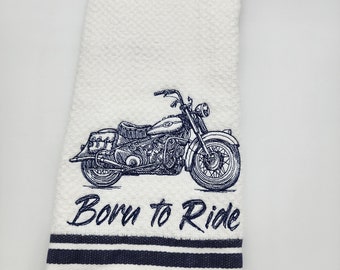Ready to Ship - In Stock - Born To Ride on White with Blue Stripe - Embroidered Cotton Kitchen Towel - Free Shipping