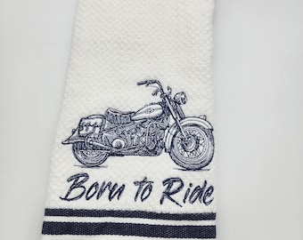 Ready to Ship - In Stock - Born To Ride on White with Blue Stripe - Embroidered Cotton Kitchen Towel - Free Shipping