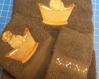 Irish Setter in Tub Embroidered Towels - Pick Your Size of Set & Color of Towel - Bath Sheet, Bath Towel, Hand Towel and Washcloth