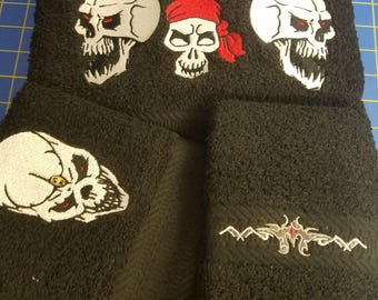 Skulls - Embroidered Towels - Choose Towel Color & Set Size or Individual  - Bath Sheet, Bath Towel, Hand Towel and Washcloth