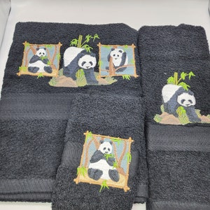 Panda on Black 3 Piece Embroidered Towel Set - Bath Towel, Hand Towel and Washcloth