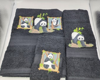 Panda on Black 3 Piece Embroidered Towel Set - Bath Towel, Hand Towel and Washcloth
