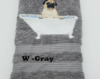 Pug In Tub - Embroidered Hand Towels - - Bathroom Decor