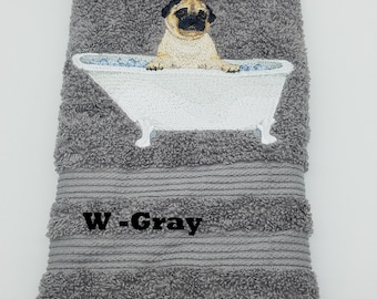 Pug In Tub - Embroidered Hand Towels - - Bathroom Decor - Free Shipping