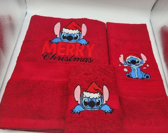 Merry Christmas Stitch - Embroidered Towels - Pick Color of Towel and Set or Individually - Bath Sheet, Bath Towel, Hand Towel and Washcloth