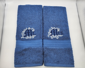Mr. & Mrs. on Blue - Embroidered Hand Towels - In Stock - Ready To Ship