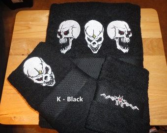 Skulls - Embroidered Towels - Choose Towel Color & Set Size or Individual  - Bath Sheet, Bath Towel, Hand Towel and Washcloth -FREE SHIPPING