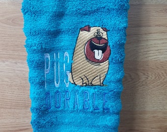 Ready to Ship - In Stock - PugAdorable on Turquoise Embroidered Hand Towel - Free Shipping