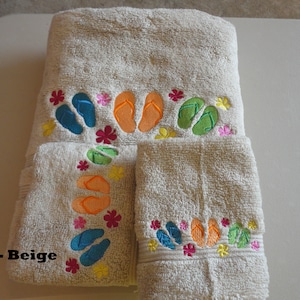 Flip Flops - Embroidered Towels - Pick Size of Set and Towel Color - Bath Sheet, Bath Towel, Hand Towel and Washcloth