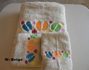 Flip Flops - Embroidered Towels - Pick Size of Set and Towel Color - Bath Sheet, Bath Towel, Hand Towel and Washcloth - FREE SHIPPING