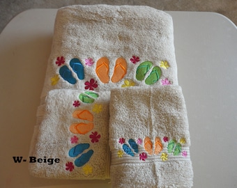 Flip Flops - Embroidered Towels - Pick Size of Set and Towel Color - Bath Sheet, Bath Towel, Hand Towel and Washcloth
