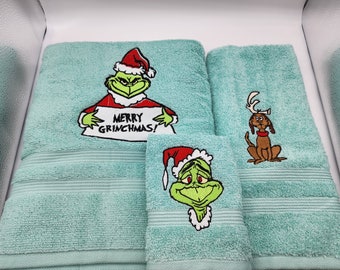 Merry Grinchmas and Max on Mint Green - 3 Piece Embroidered Towel Set - Bath Towel, Hand Towel and Washcloth - Ready To Ship - Free Shipping