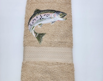 Trout on Sandstone Embroidered Hand Towel - Face Towel - Ready To Ship